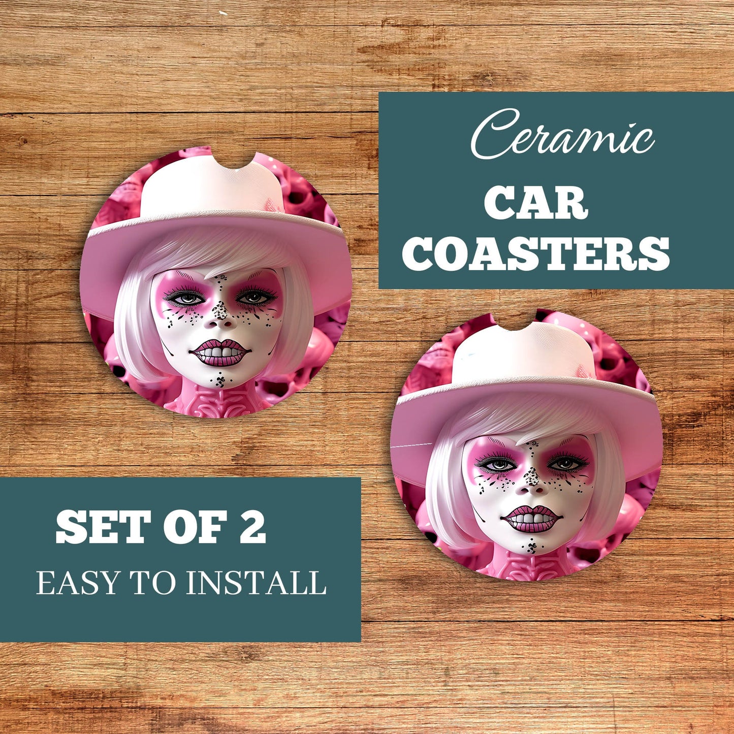 New Release, Set of 2 Pink Skull Doll Sandstone Car Coasters, Car Accessory