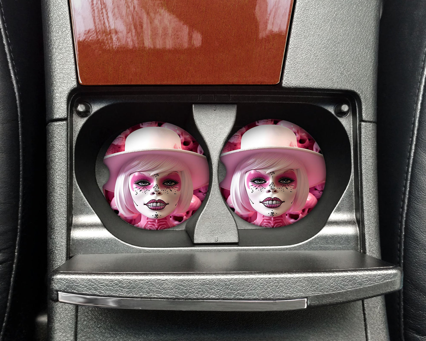 New Release, Set of 2 Pink Skull Doll Sandstone Car Coasters, Car Accessory