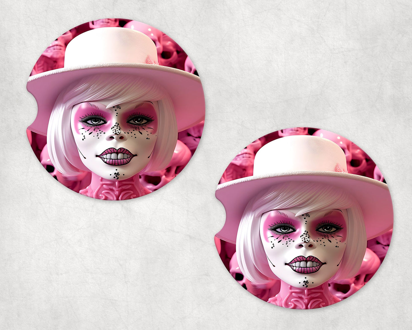 New Release, Set of 2 Pink Skull Doll Sandstone Car Coasters, Car Accessory