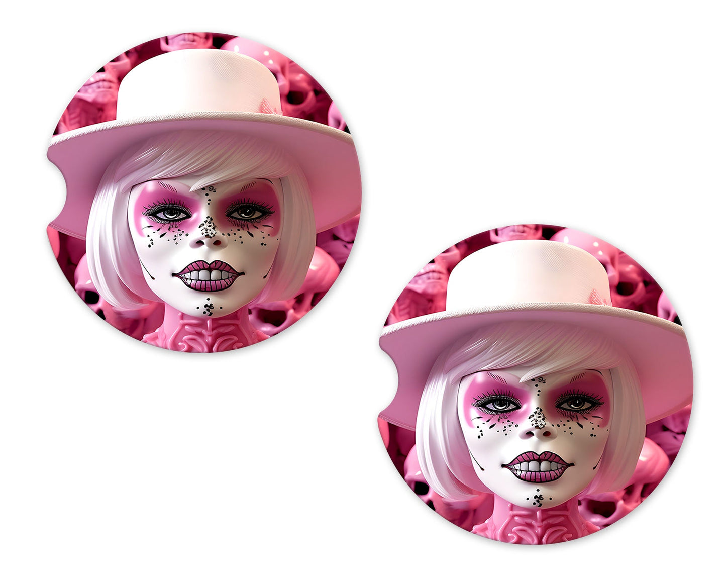 New Release, Set of 2 Pink Skull Doll Sandstone Car Coasters, Car Accessory