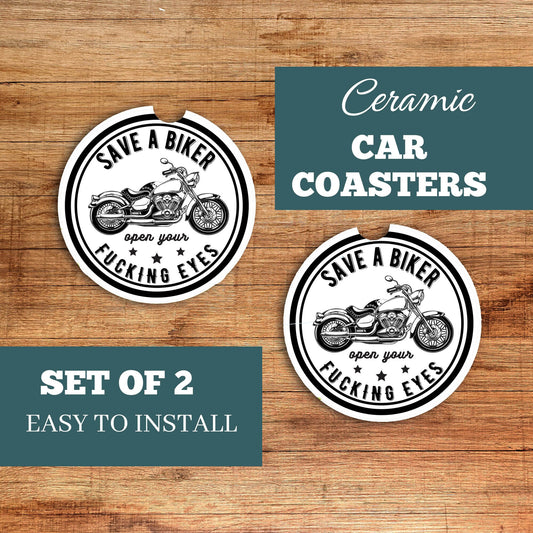 New Release, Set of 2 Save a Biker Sandstone Car Coasters, Car Accessory