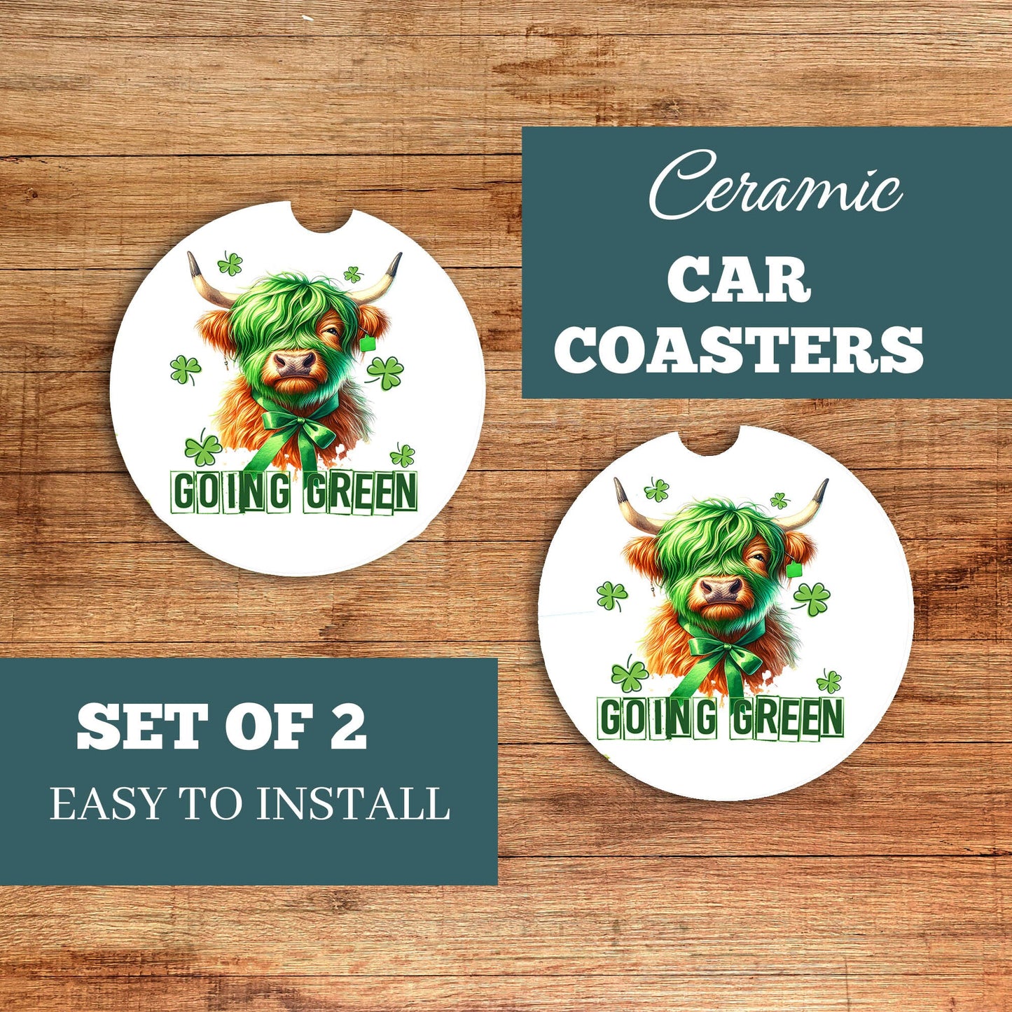 New Release, Set of 2 St. Patrick's Day Highland Cow Going Green Sandstone Car Coasters, Car Accessory