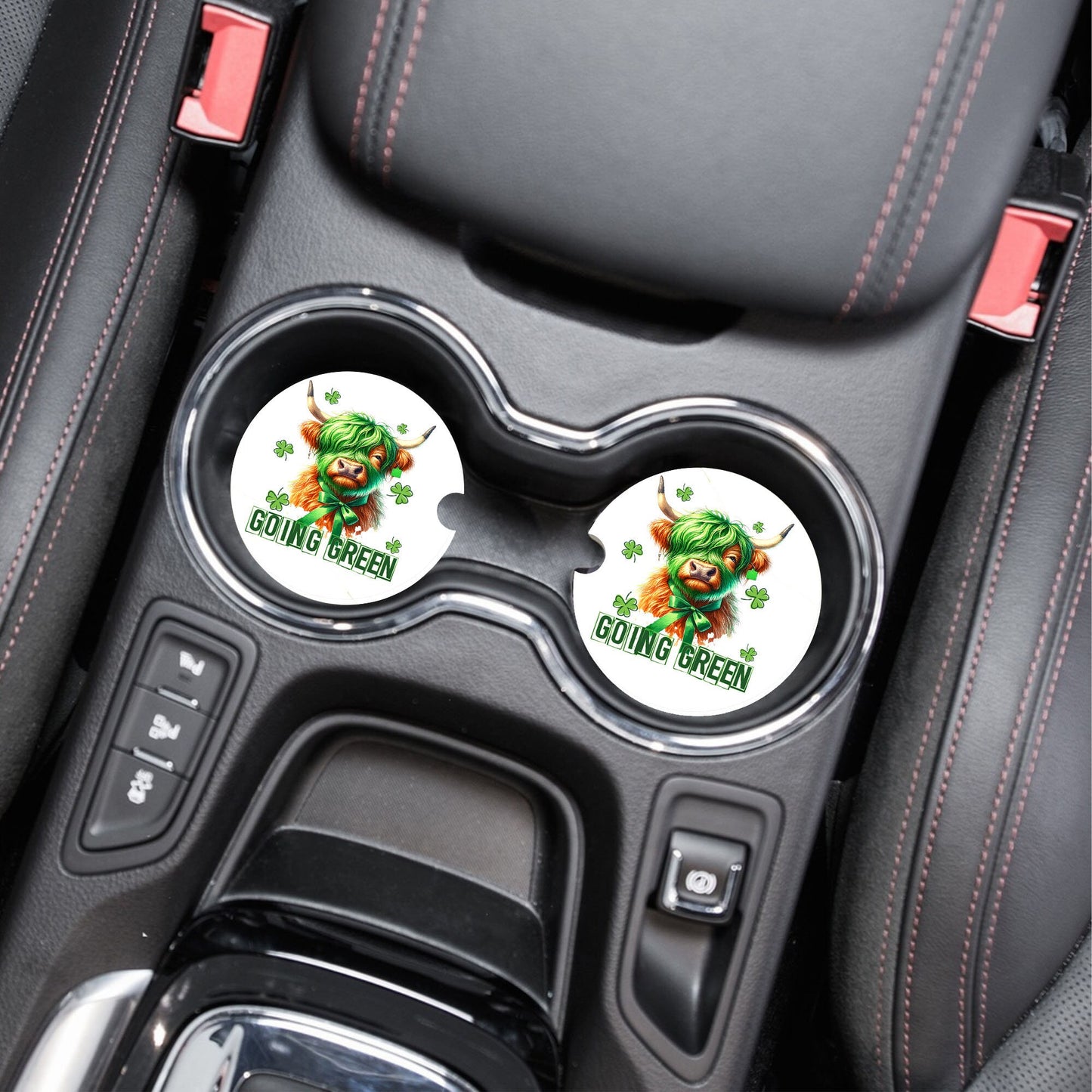 New Release, Set of 2 St. Patrick's Day Highland Cow Going Green Sandstone Car Coasters, Car Accessory