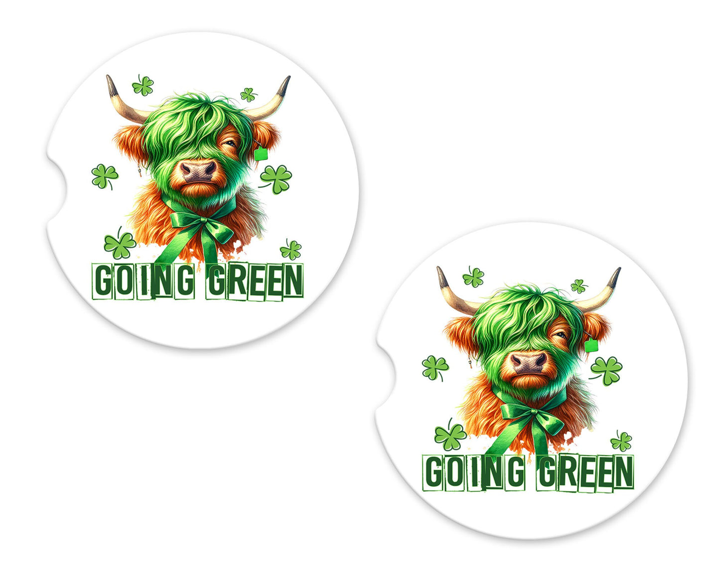 New Release, Set of 2 St. Patrick's Day Highland Cow Going Green Sandstone Car Coasters, Car Accessory