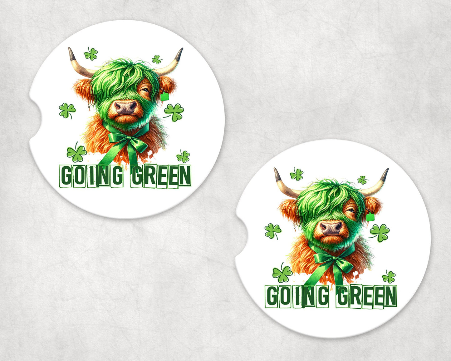 New Release, Set of 2 St. Patrick's Day Highland Cow Going Green Sandstone Car Coasters, Car Accessory