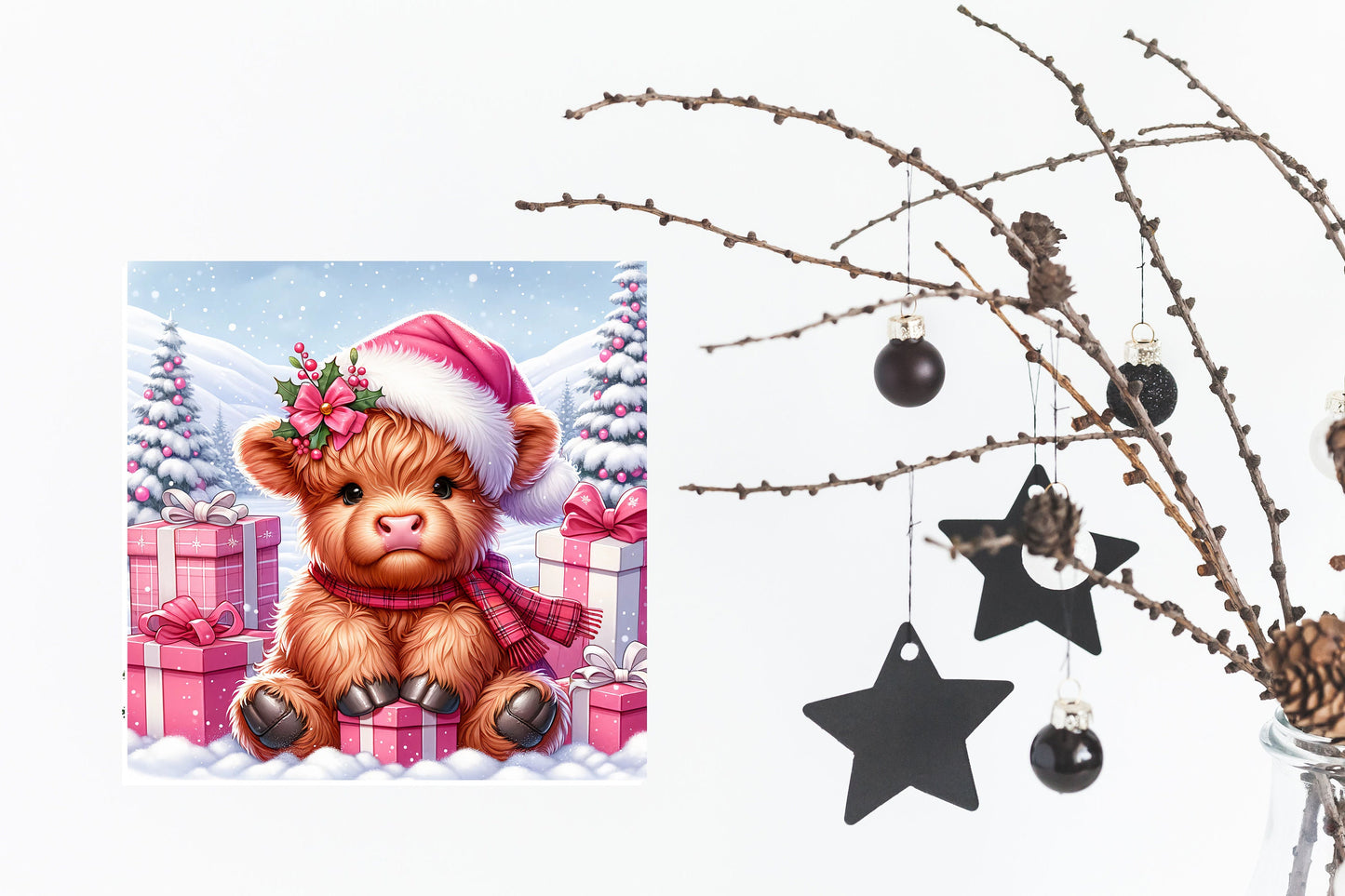 Christmas Ornament, Pink Baby Highland Cow, Tier Tray Decor, Wreath Sign, Mini Sign, Door Hanger