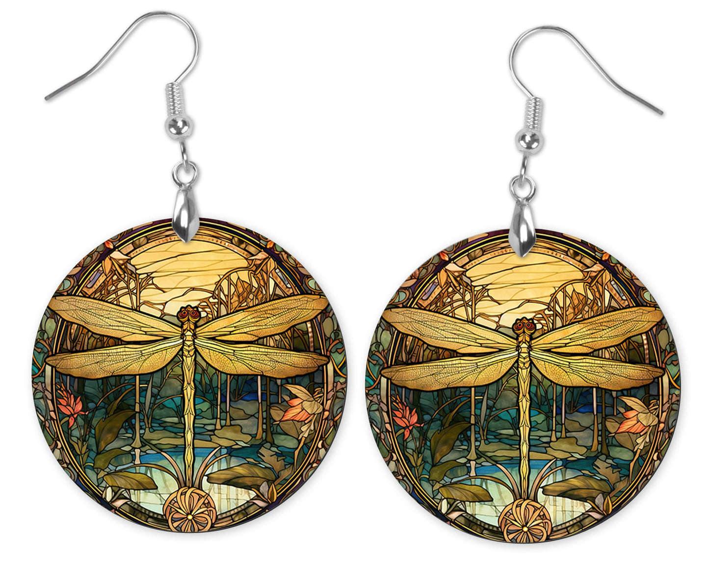 Art Nuevo Dragonfly Round Wood Dangle Earrings Hypoallergenic Jewelry