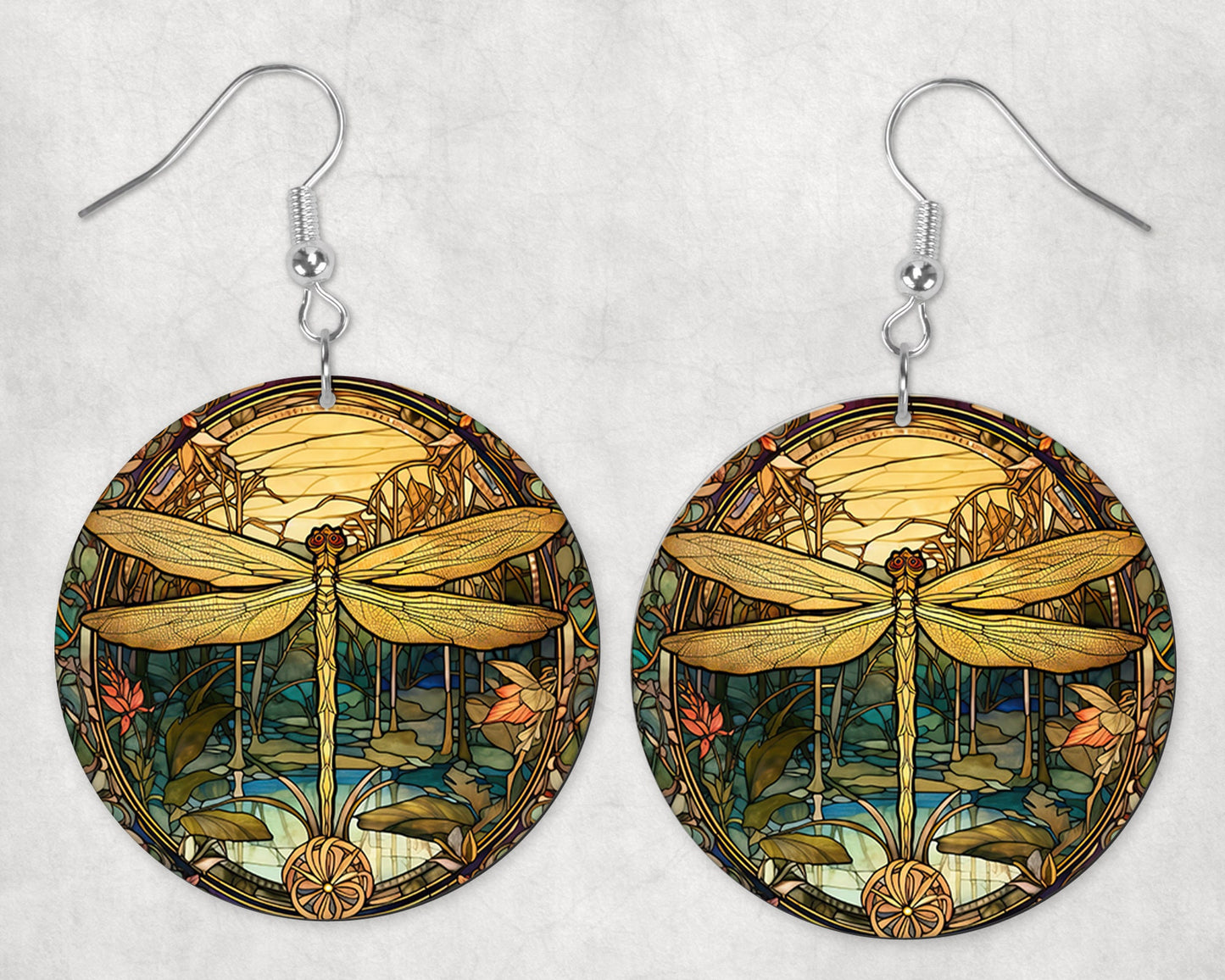 Art Nuevo Dragonfly Round Wood Dangle Earrings Hypoallergenic Jewelry