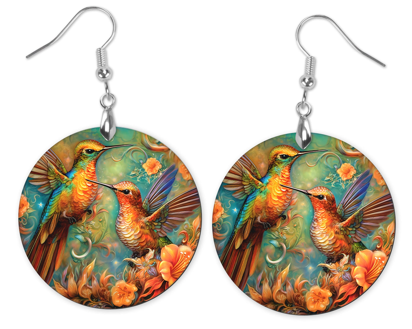 Floral Hummingbirds Round Wood Dangle Earrings Hypoallergenic Jewelry