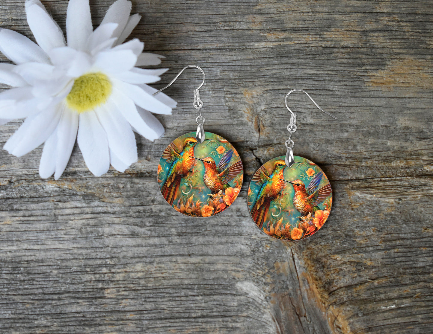 Floral Hummingbirds Round Wood Dangle Earrings Hypoallergenic Jewelry