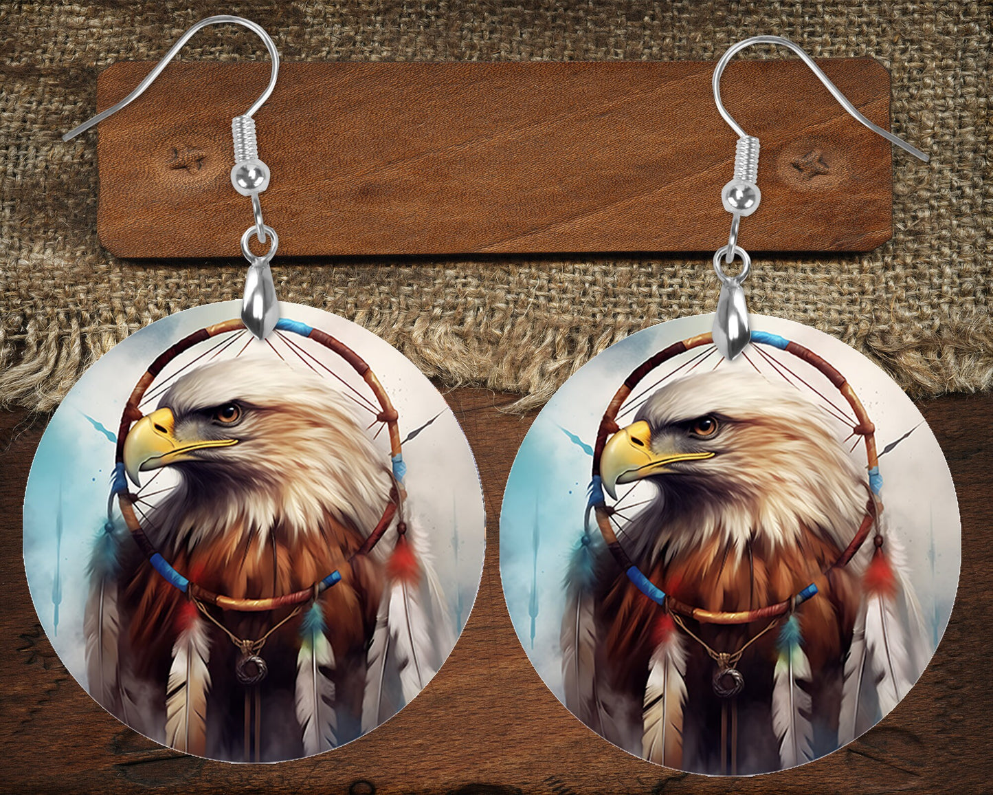 Native American Eagle Round Wood Dangle Earrings Hypoallergenic Jewelry