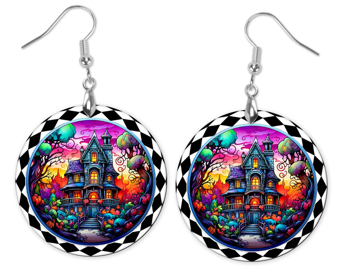 New Release, Halloween Haunted House Round Printed Wood Earrings Handmade Jewelry