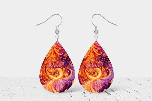 New Release Orange Swirly Tear Drop Wood Dangle Earrings Hypoallergenic Jewelry