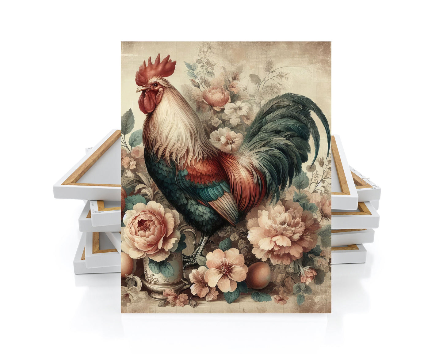 16x20 Floral Rooster Wall Art Canvas Print