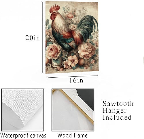 16x20 Floral Rooster Wall Art Canvas Print