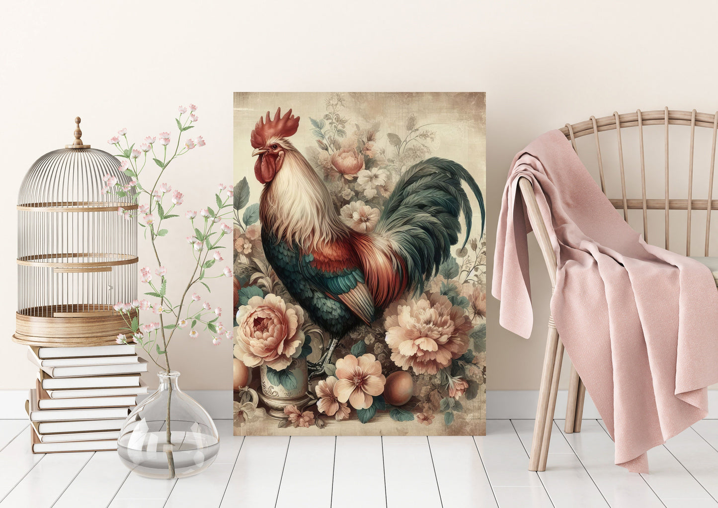 16x20 Floral Rooster Wall Art Canvas Print