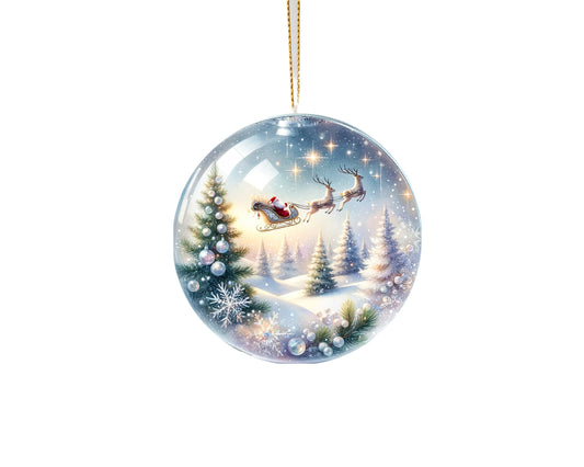 Santa Sleigh Over White Forest Ornament, Ceramic Christmas Ornament, Christmas Decorations