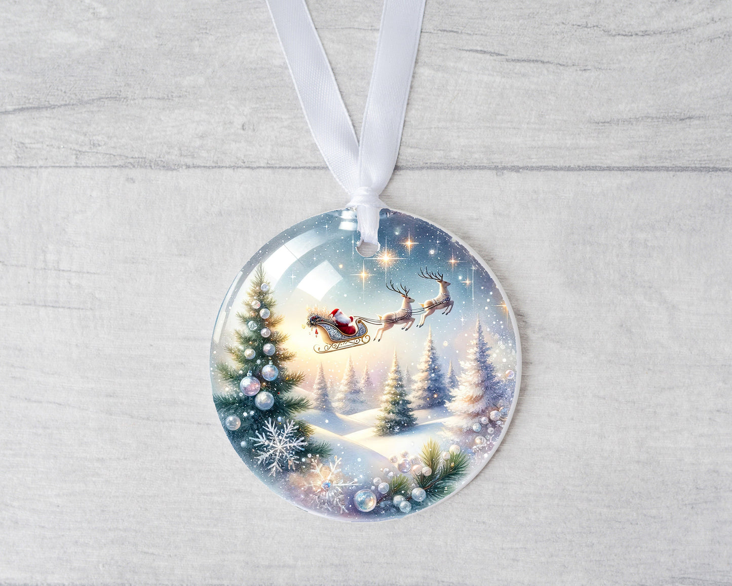 Santa Sleigh Over White Forest Ornament, Ceramic Christmas Ornament, Christmas Decorations