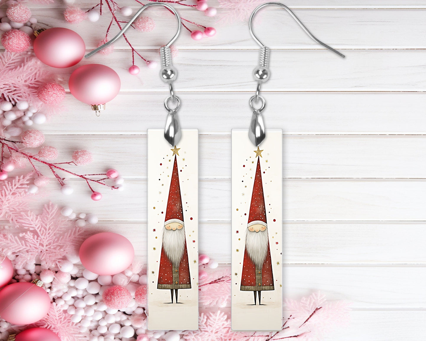 New Release Triangle Santa Bar Printed Wood Dangle Earrings Hypoallergenic Jewelry Handmade