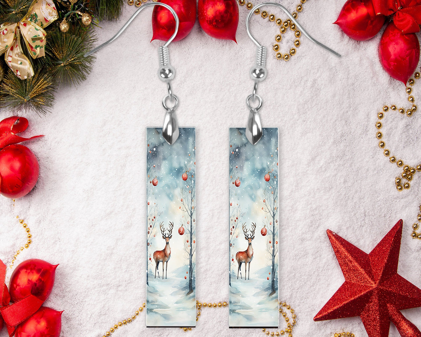 New Release Christmas Deer Bar Printed Wood Dangle Earrings Hypoallergenic Jewelry Handmade