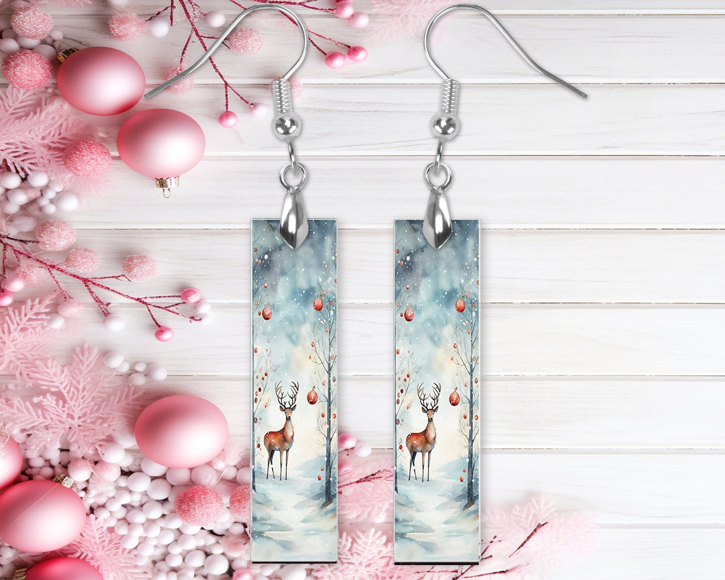 New Release Christmas Deer Bar Printed Wood Dangle Earrings Hypoallergenic Jewelry Handmade