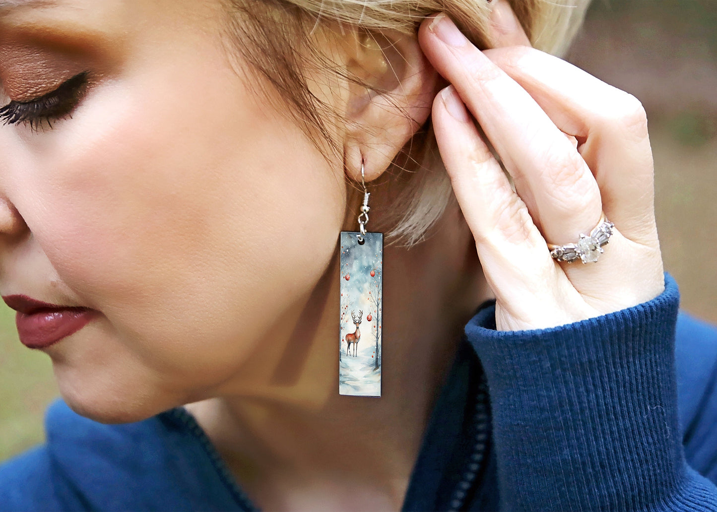 New Release Christmas Deer Bar Printed Wood Dangle Earrings Hypoallergenic Jewelry Handmade