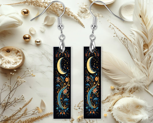 New Release Crescent Moon Scroll Bar Printed Wood Dangle Earrings Hypoallergenic Jewelry Handmade