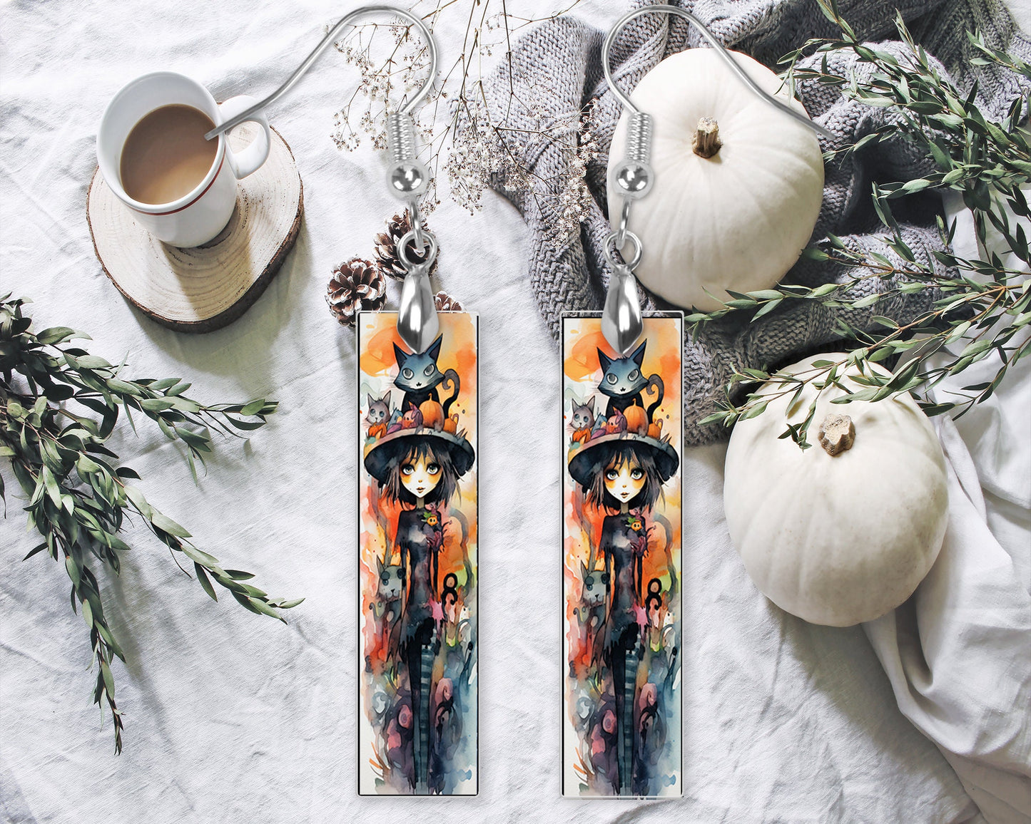 New Release Halloween Cat Girl Bar Printed Wood Dangle Earrings Hypoallergenic Jewelry Handmade