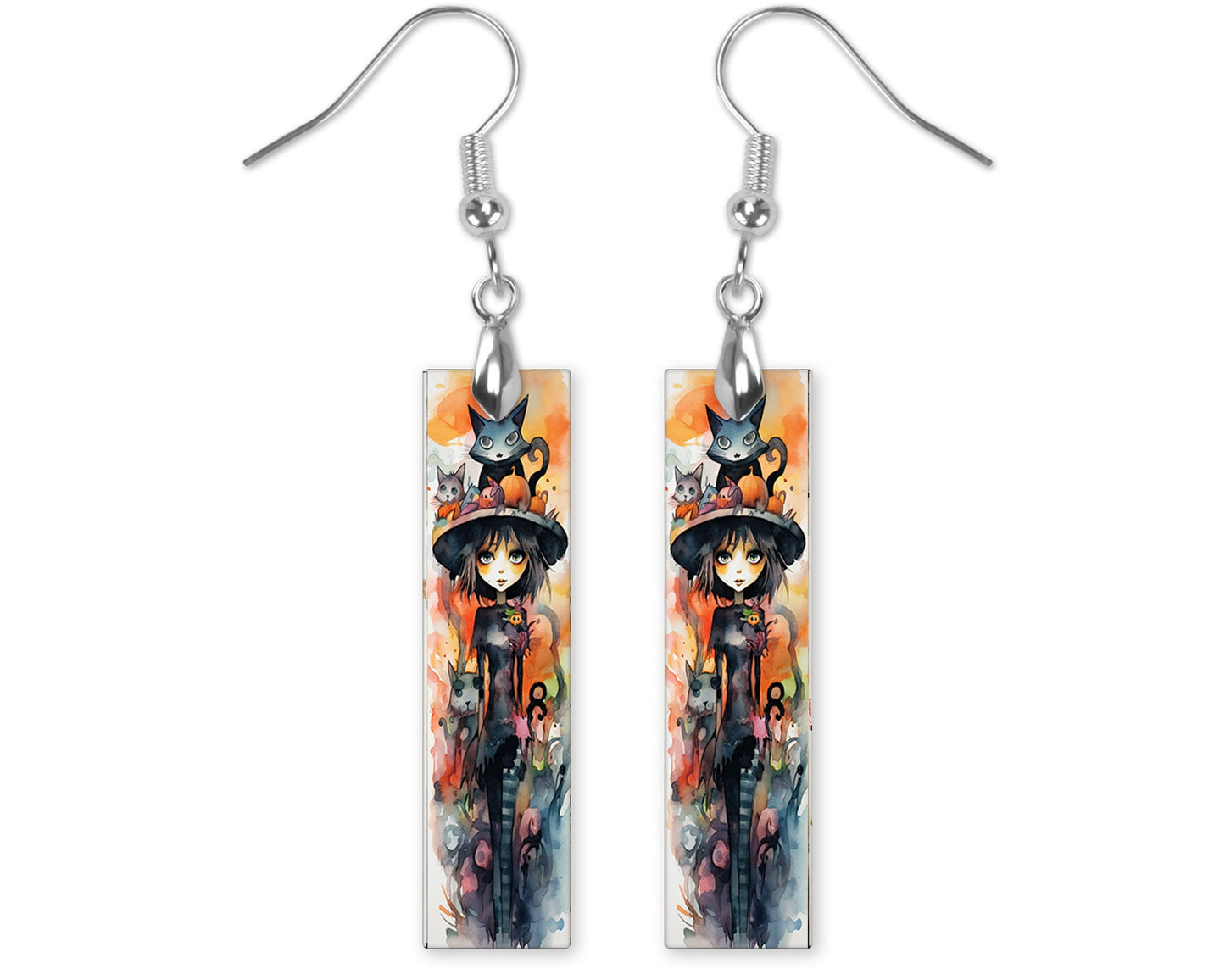 New Release Halloween Cat Girl Bar Printed Wood Dangle Earrings Hypoallergenic Jewelry Handmade