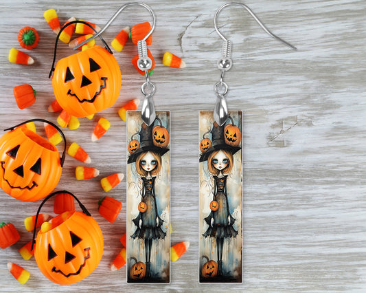 New Release Halloween Pumpkin Girl Bar Printed Wood Dangle Earrings Hypoallergenic Jewelry Handmade