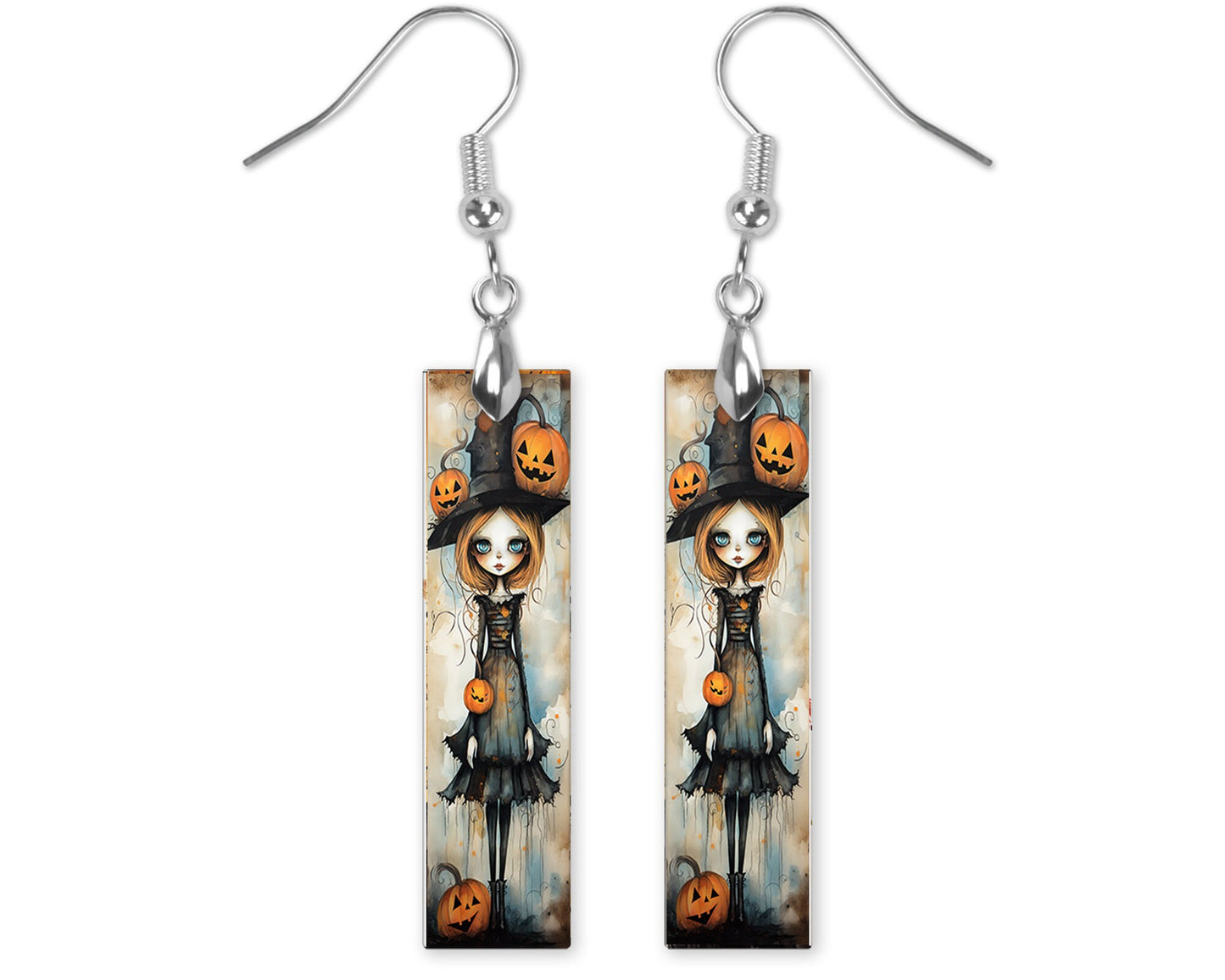 New Release Halloween Pumpkin Girl Bar Printed Wood Dangle Earrings Hypoallergenic Jewelry Handmade