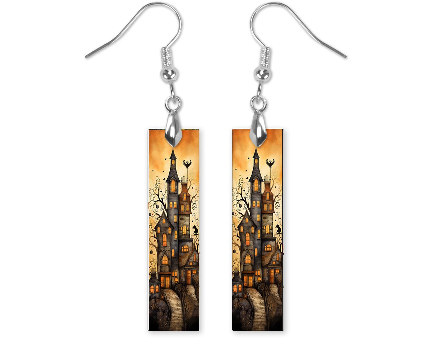 New Release, Halloween Haunted House Earrings, Bar Dangle Printed Earrings Jewelry Handmade