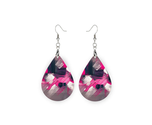 New Release Pink Black Abstract Print Earrings Tear Drop Wood Dangle Earrings Hypoallergenic Jewelry