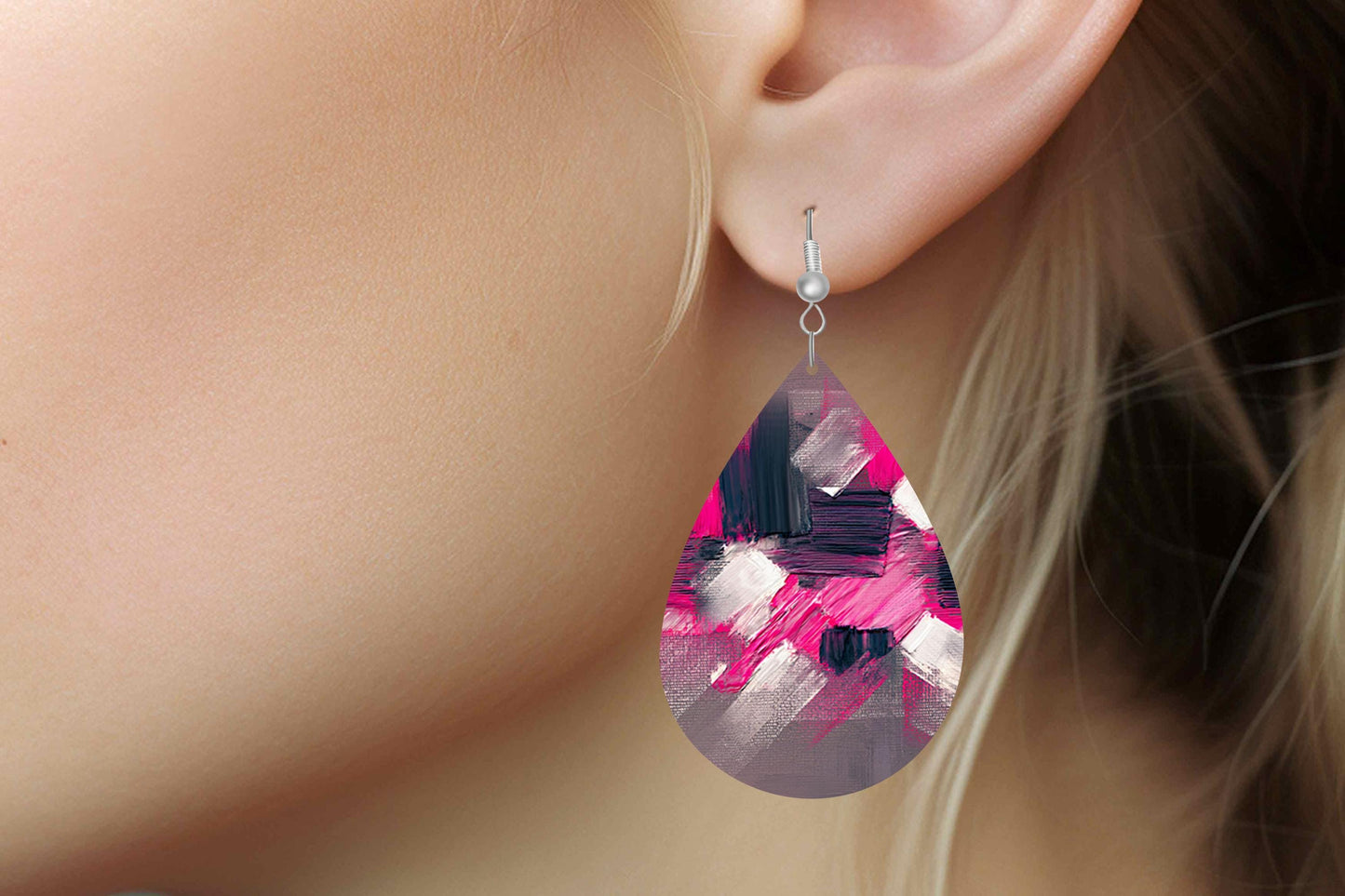 New Release Pink Black Abstract Print Earrings Tear Drop Wood Dangle Earrings Hypoallergenic Jewelry