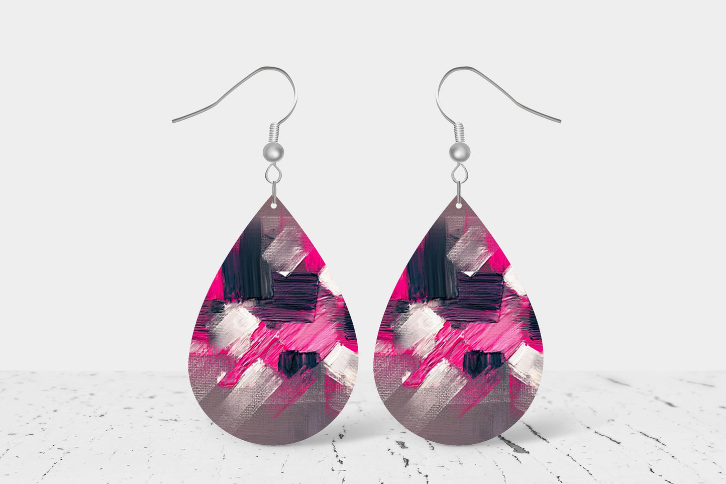 New Release Pink Black Abstract Print Earrings Tear Drop Wood Dangle Earrings Hypoallergenic Jewelry