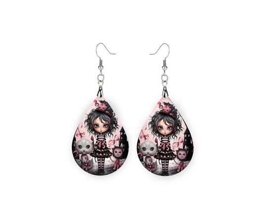 New Release Pink Goth Girl Print Earrings Tear Drop Wood Dangle Earrings Hypoallergenic Jewelry