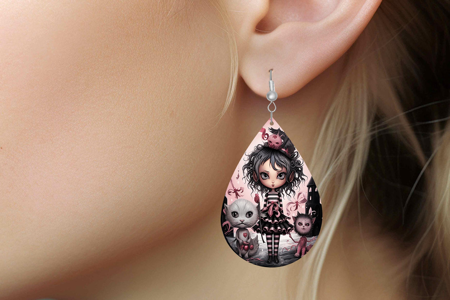 New Release Pink Goth Girl Print Earrings Tear Drop Wood Dangle Earrings Hypoallergenic Jewelry