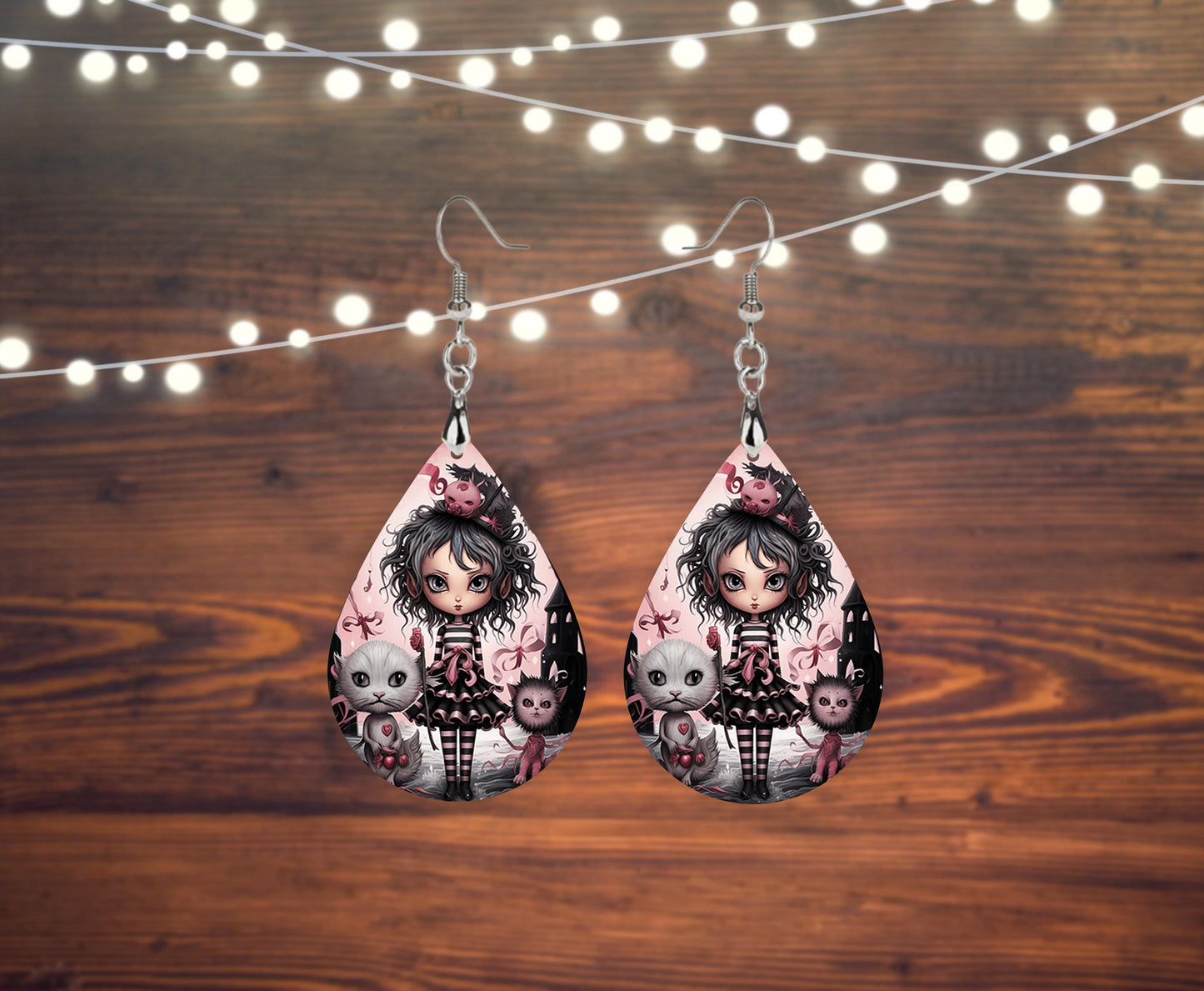 New Release Pink Goth Girl Print Earrings Tear Drop Wood Dangle Earrings Hypoallergenic Jewelry