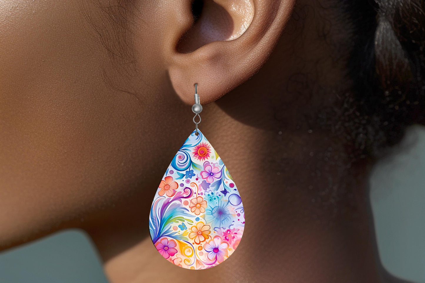 New Release Pretty Floral Print Earrings Tear Drop Wood Dangle Earrings Hypoallergenic Jewelry