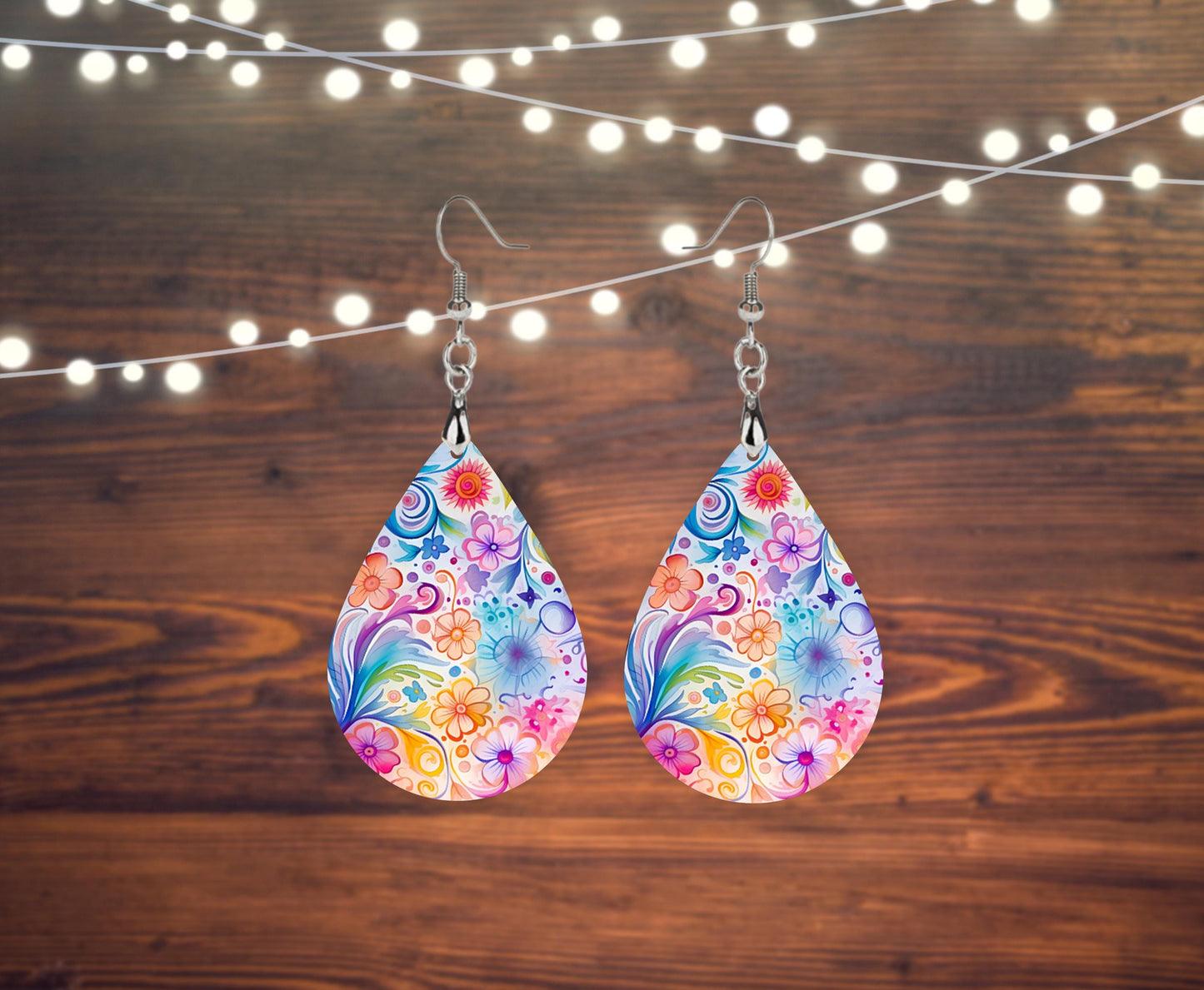 New Release Pretty Floral Print Earrings Tear Drop Wood Dangle Earrings Hypoallergenic Jewelry