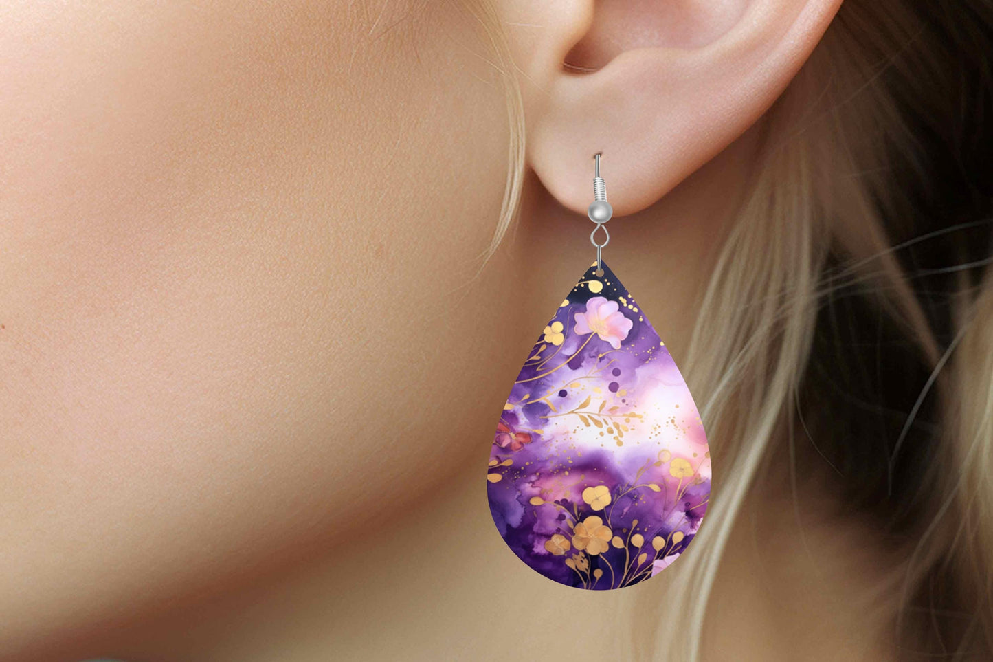 New Release Purple and Gold Floral Print Earrings Tear Drop Wood Dangle Earrings Hypoallergenic Jewelry