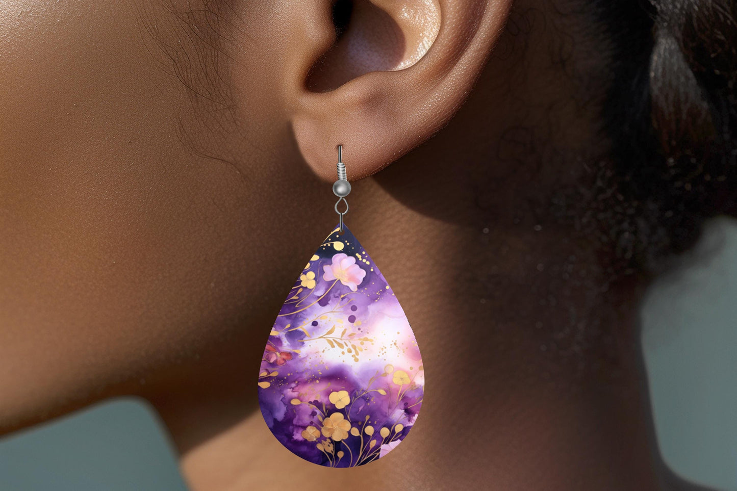 New Release Purple and Gold Floral Print Earrings Tear Drop Wood Dangle Earrings Hypoallergenic Jewelry