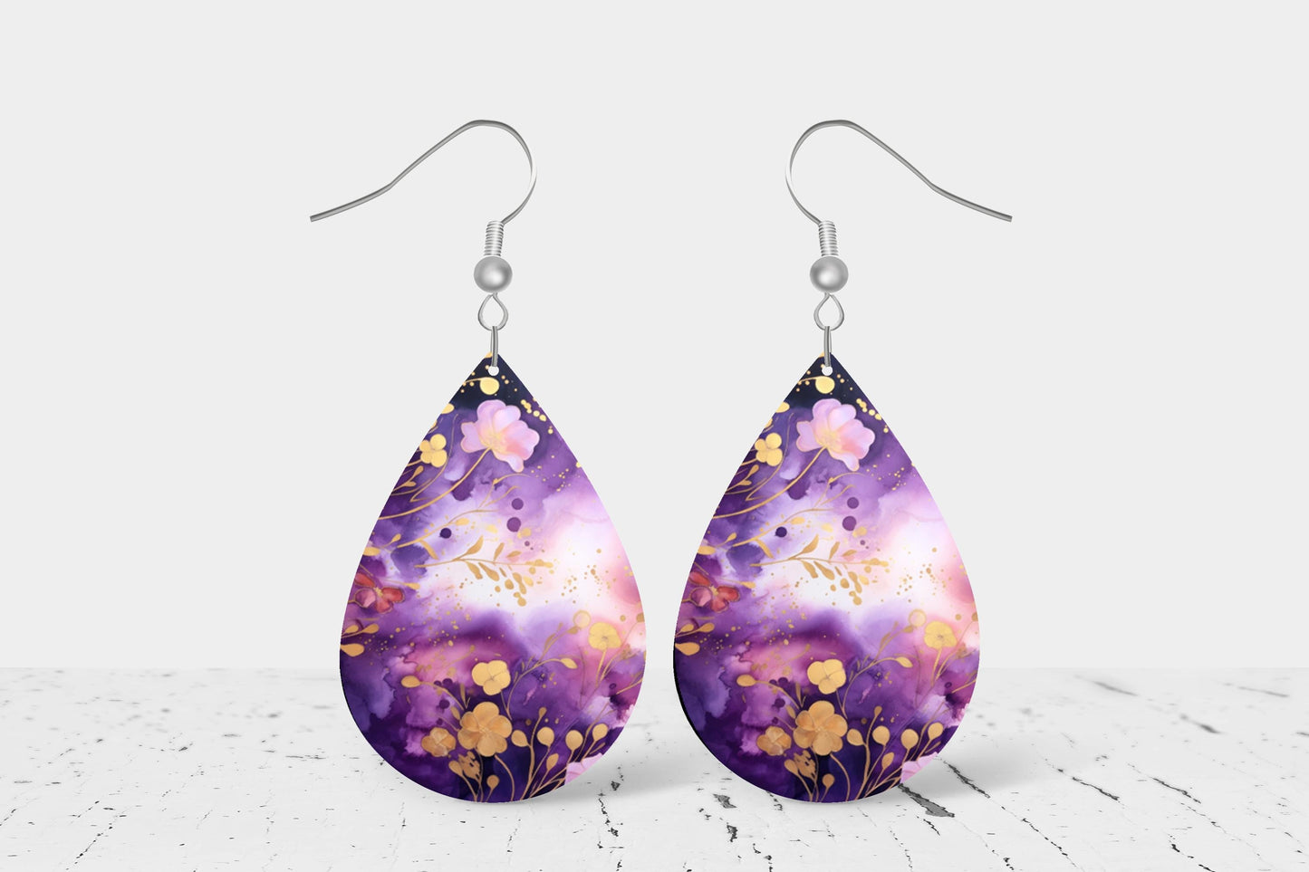 New Release Purple and Gold Floral Print Earrings Tear Drop Wood Dangle Earrings Hypoallergenic Jewelry