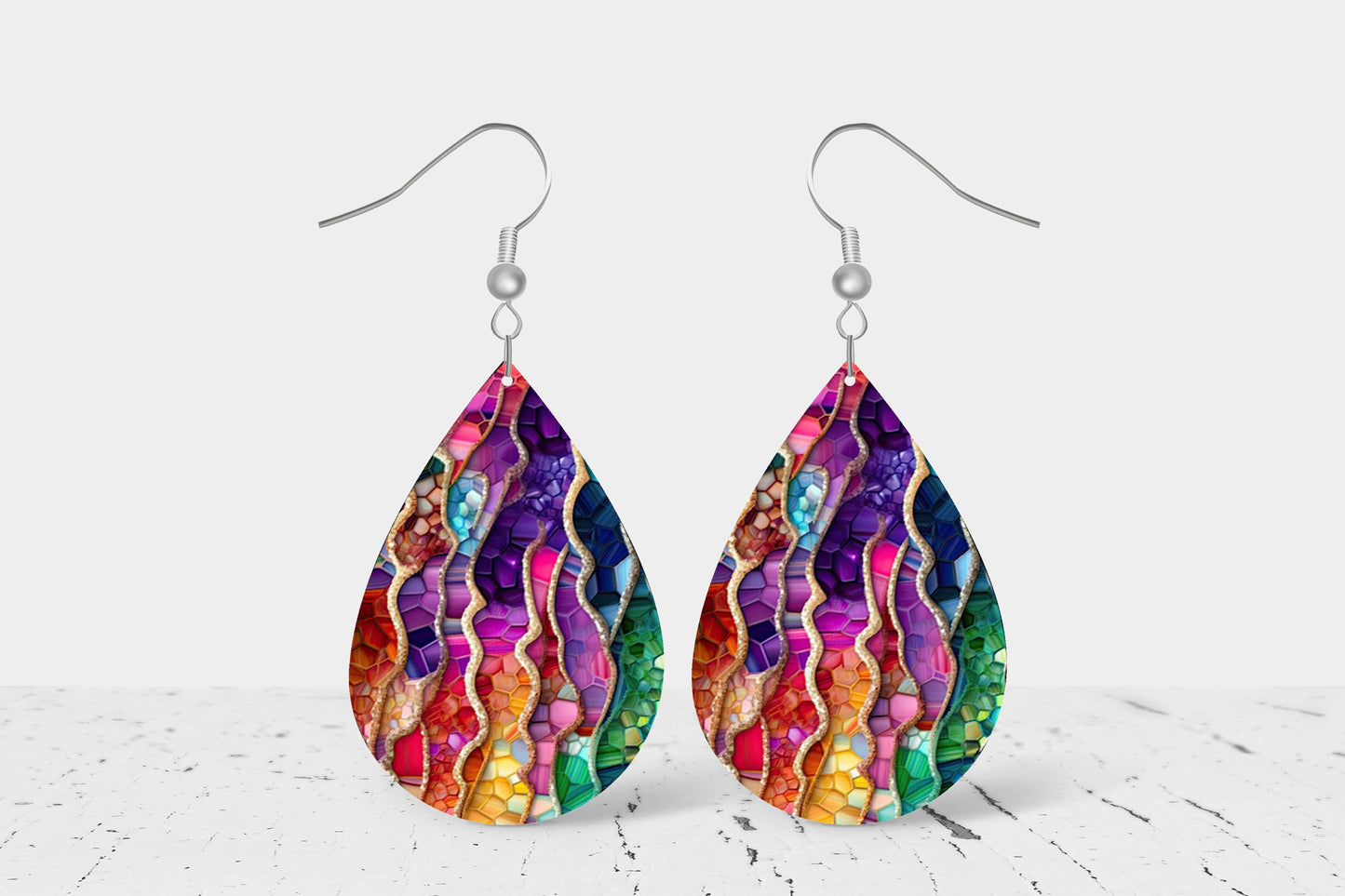 New Release Rainbow Agate Stripes Print Earrings Tear Drop Wood Dangle Earrings Hypoallergenic Jewelry