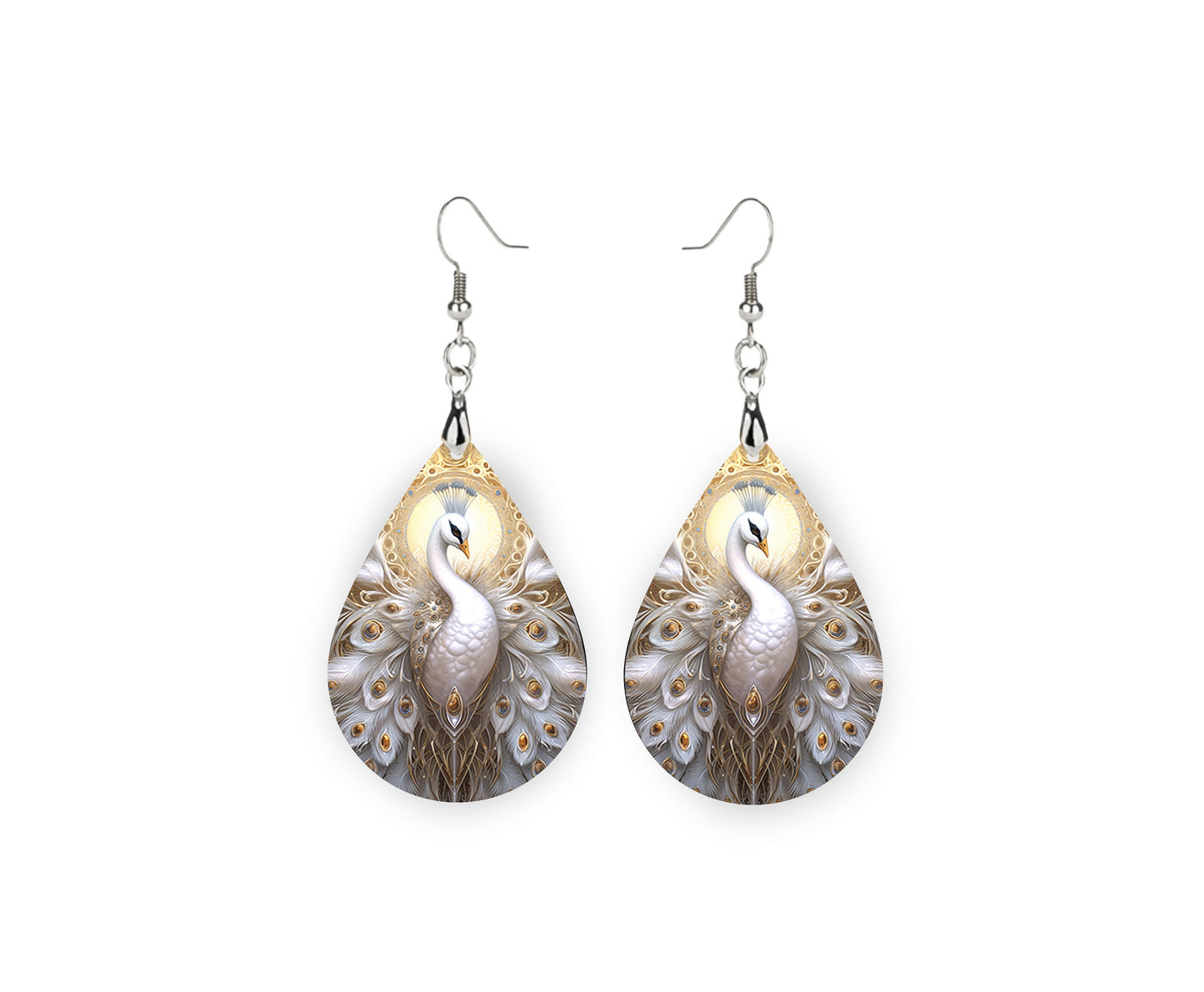 White Swan Print Tear Drop Wood Dangle Earrings Hypoallergenic Jewelry