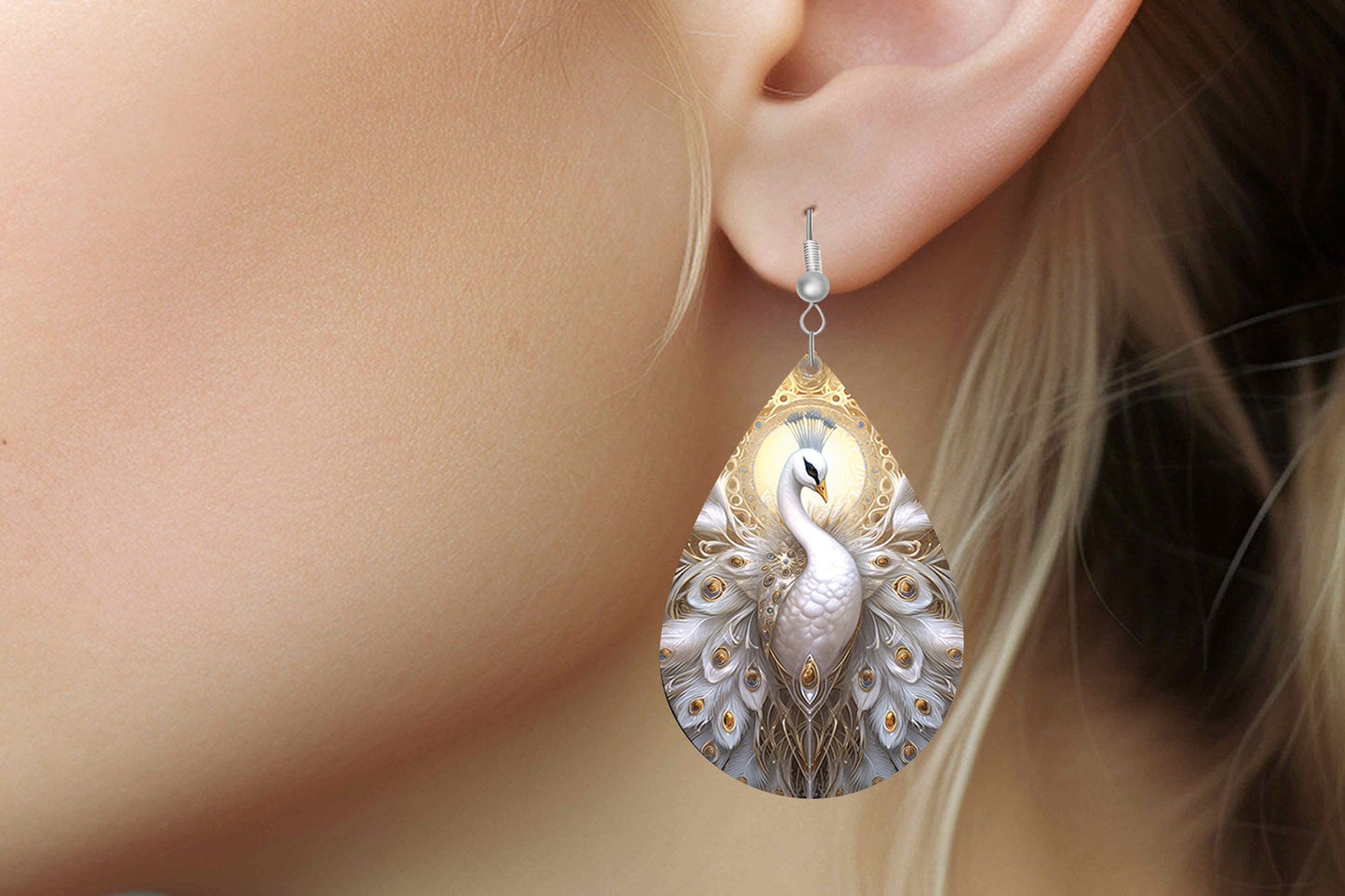 White Swan Print Tear Drop Wood Dangle Earrings Hypoallergenic Jewelry