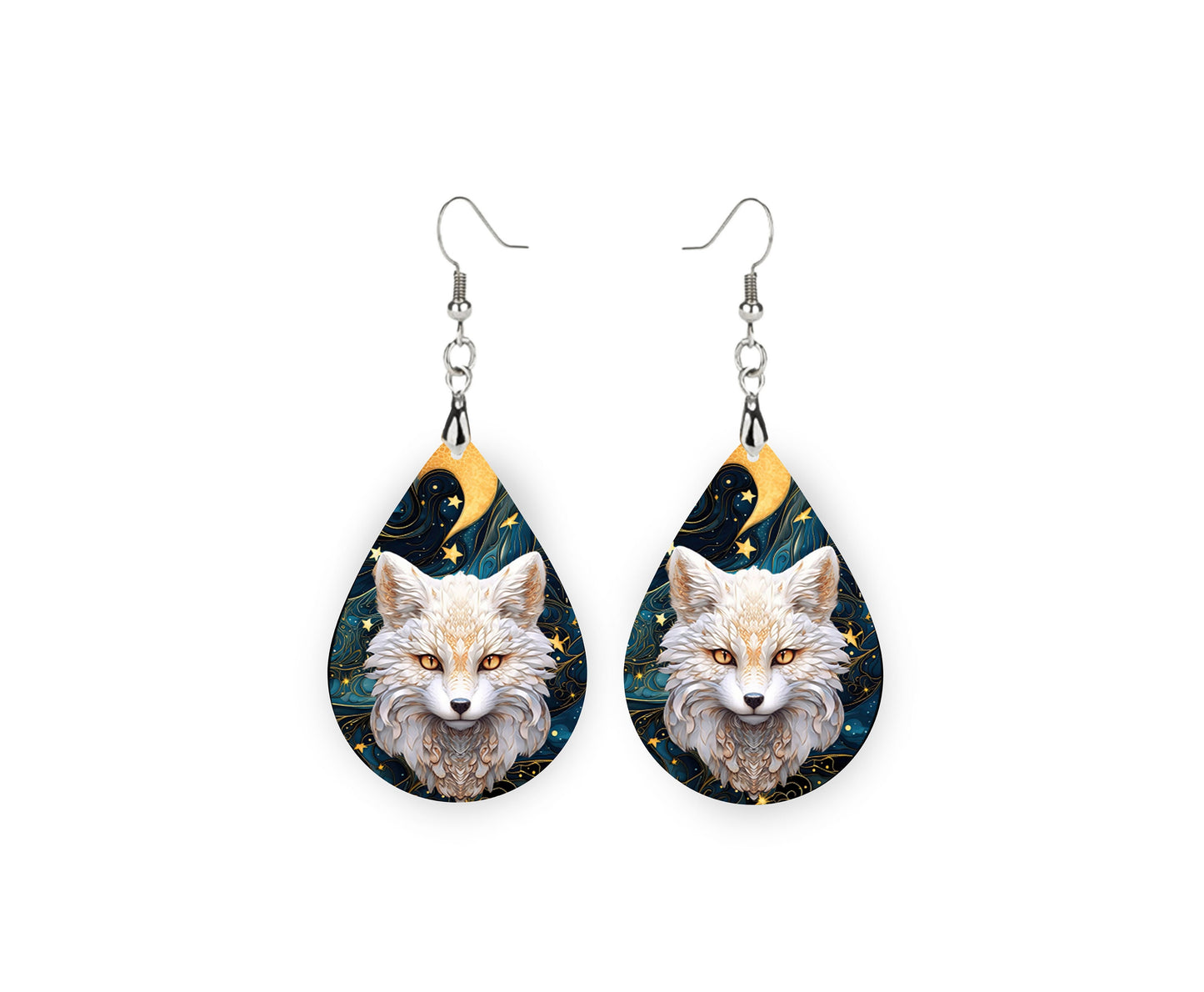 White Fox Print Tear Drop Wood Dangle Earrings Hypoallergenic Jewelry