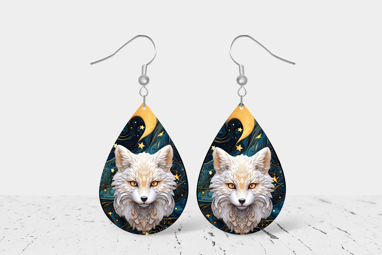 White Fox Print Tear Drop Wood Dangle Earrings Hypoallergenic Jewelry