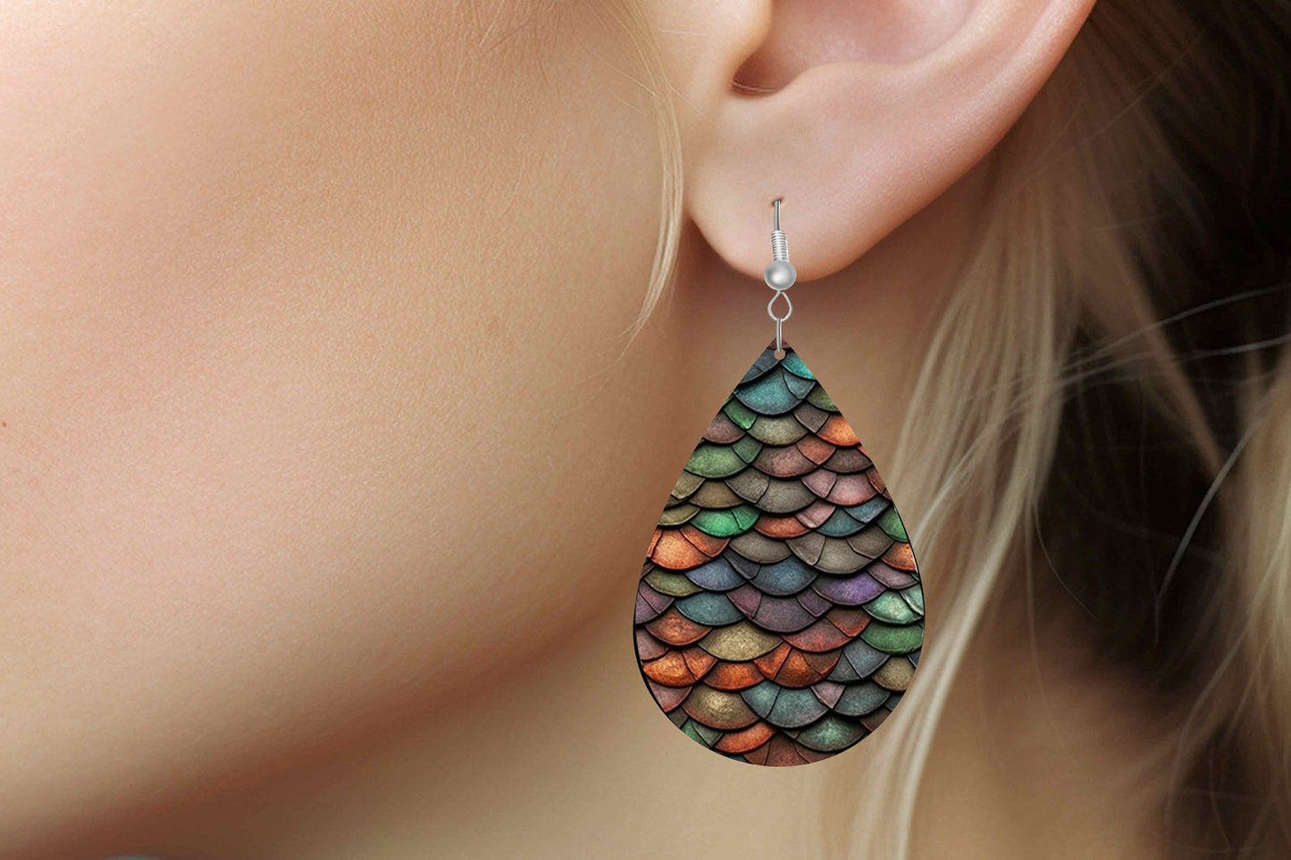 Dragon Scales Print Tear Drop Wood Dangle Earrings Hypoallergenic Jewelry