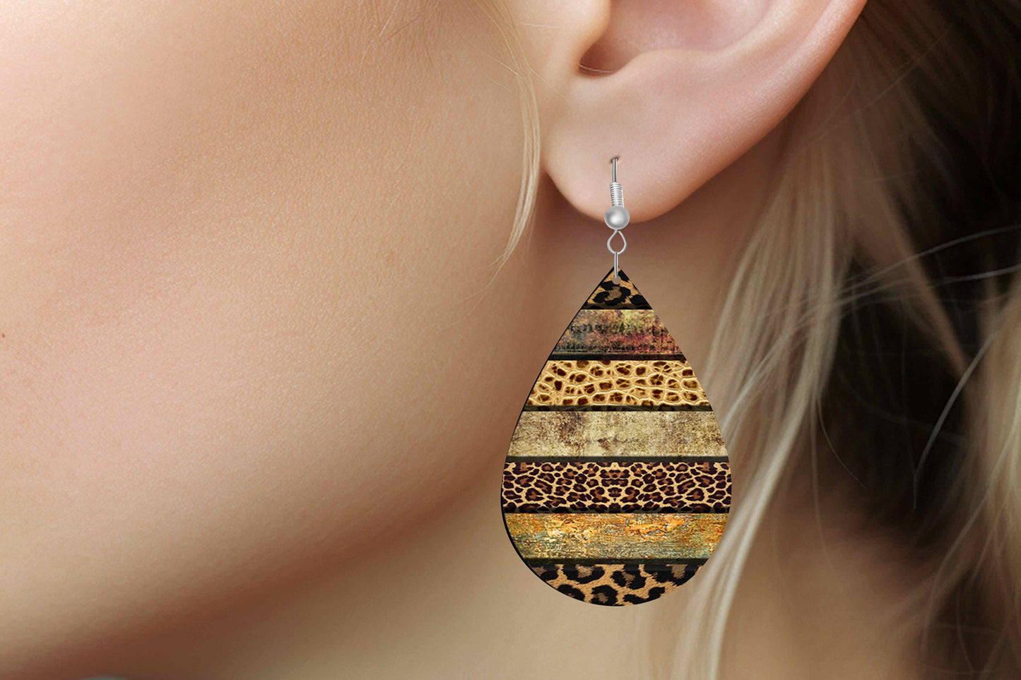 Western Stripes Print Tear Drop Wood Dangle Earrings Hypoallergenic Jewelry